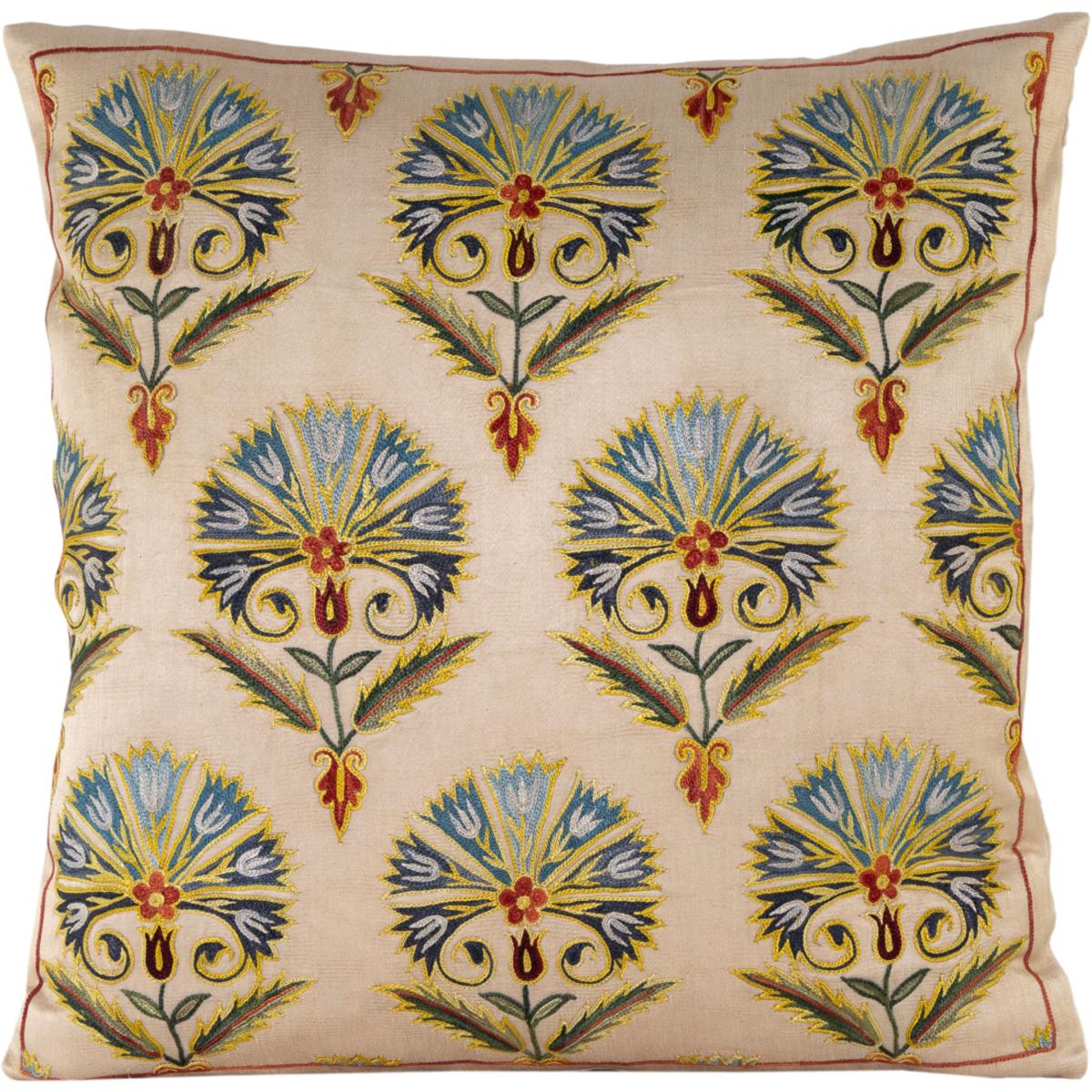 Hand-Embroidered Silk Cushion - Blue Carnations With Red Border One Size Anor Living – image 2
