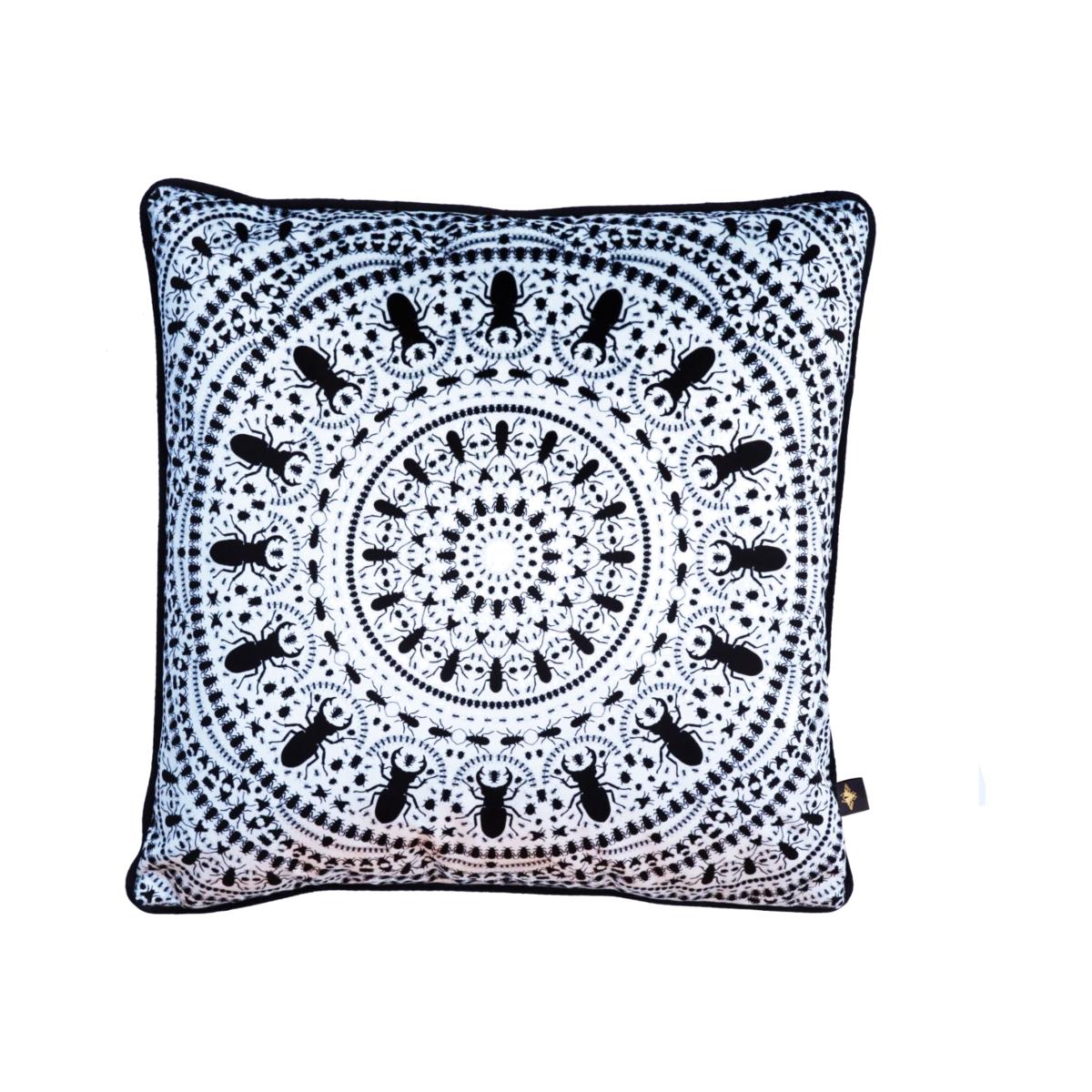 White / Black Insect Mandala White Velvet Cushion The Curious Department – image 1