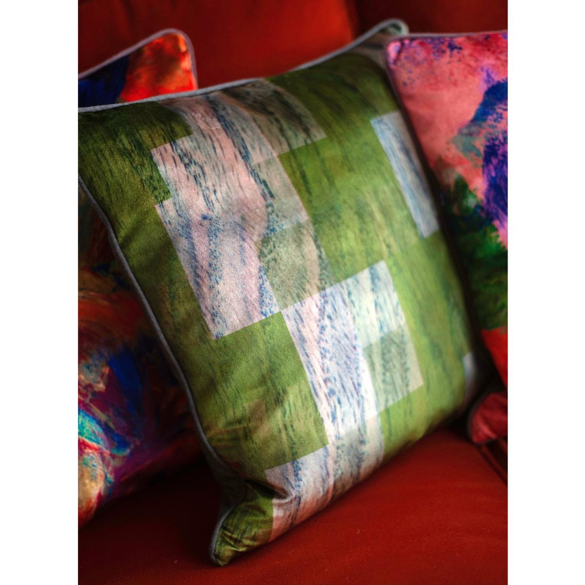Neutrals / Brown / Green Cactus Birch Parquet Velvet Cushion Susi Bellamy – image 2