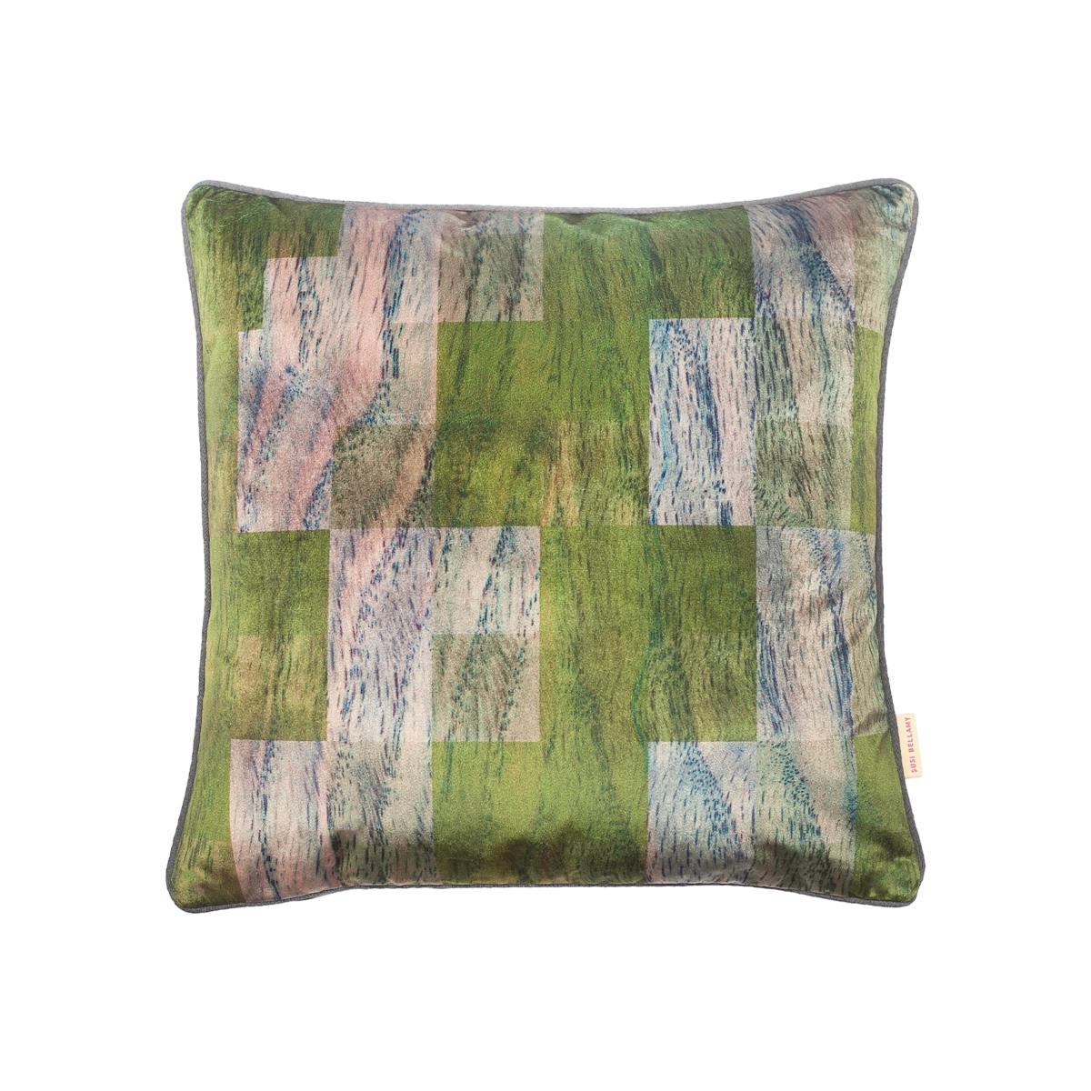 Neutrals / Brown / Green Cactus Birch Parquet Velvet Cushion Susi Bellamy – image 1