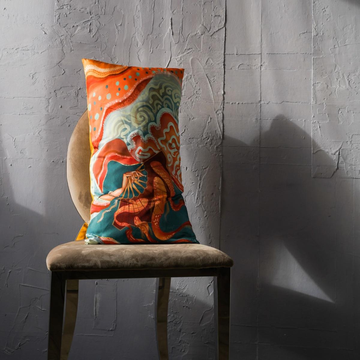 Red Fan Print Silk Rectangle Cushion With Filling Sukiw Design – image 2