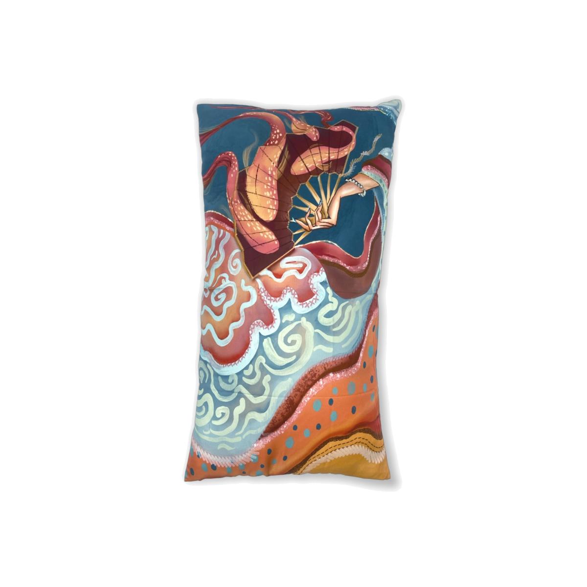 Red Fan Print Silk Rectangle Cushion With Filling Sukiw Design – image 1
