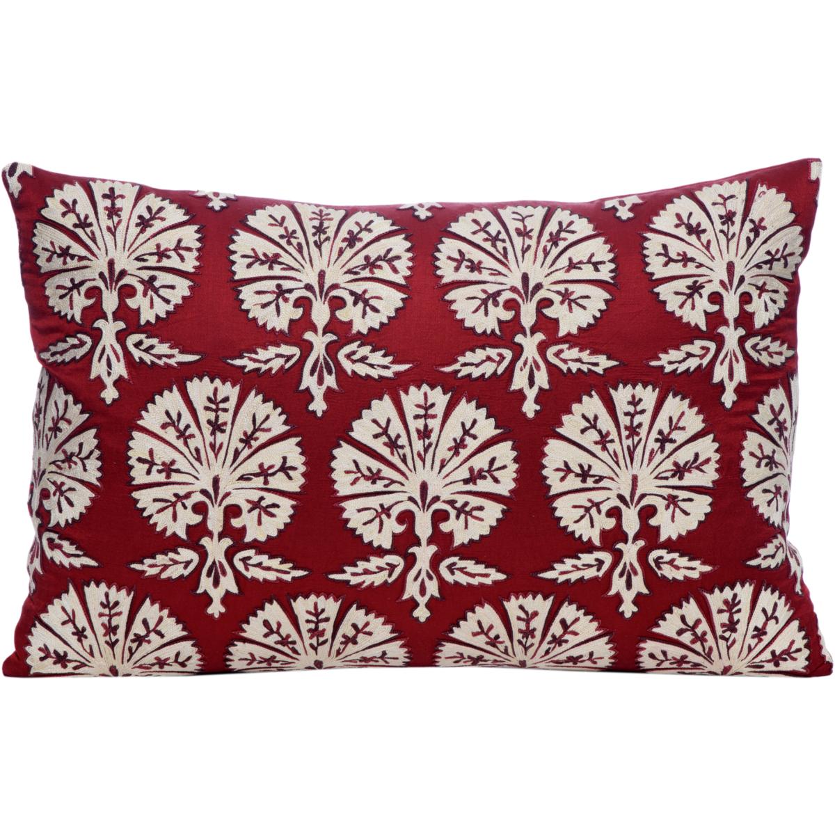 Hand-Embroidered Silk Cushion - Carnations On Red Rectangle One Size Anor Living – image 2