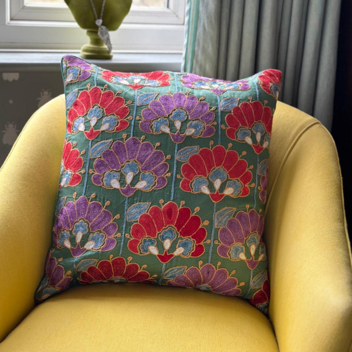 Green Floral Suzani Cushion Punica – image 3