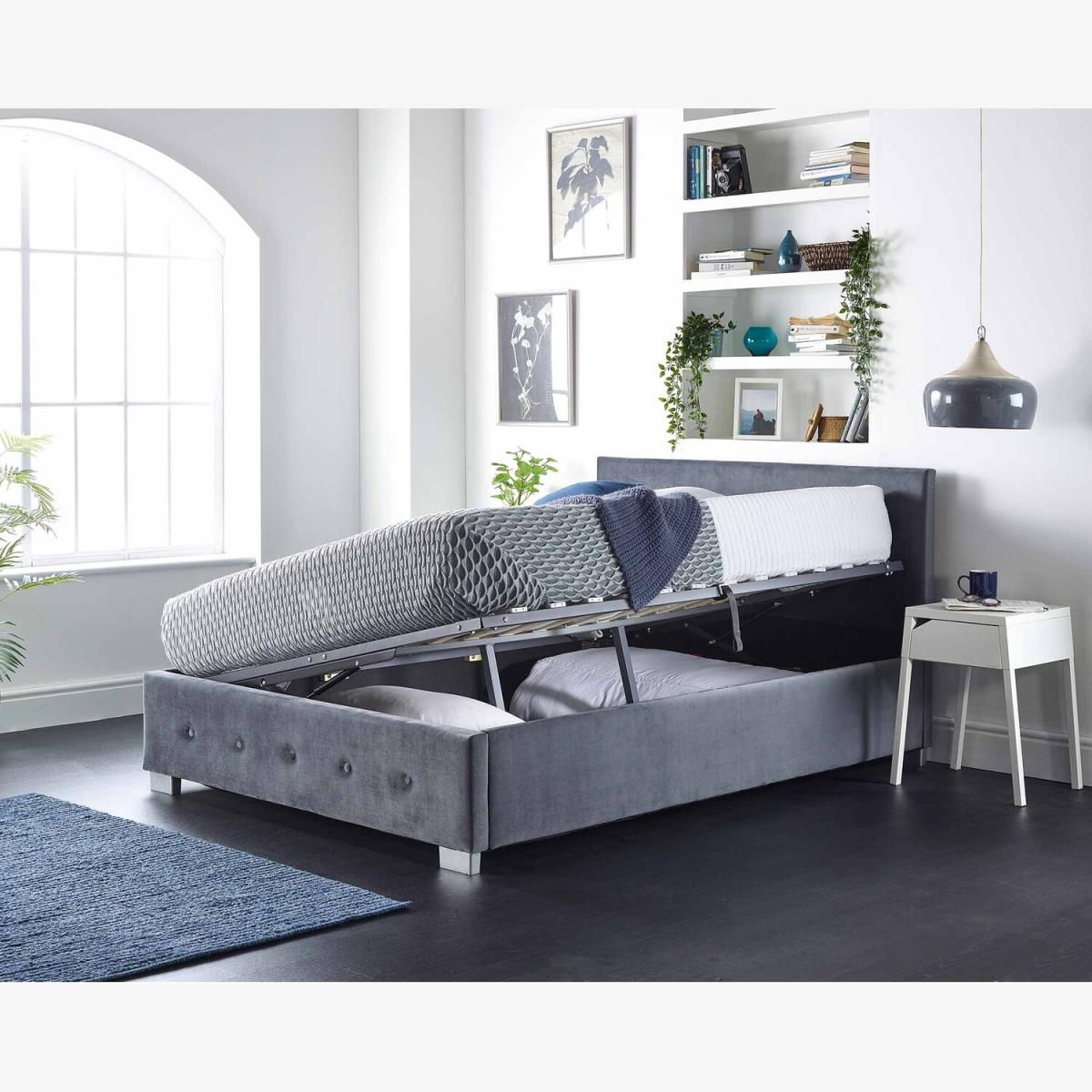 Aspire Side Opening Ottoman Storage Bed in Grey Plush Velvet, Small Double - Steel Grey Brushed Velvet Fabric – image 1