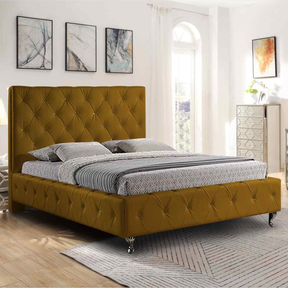 Ana Upholstered Plush Velvet Bed Frame - Yellow / Small Double