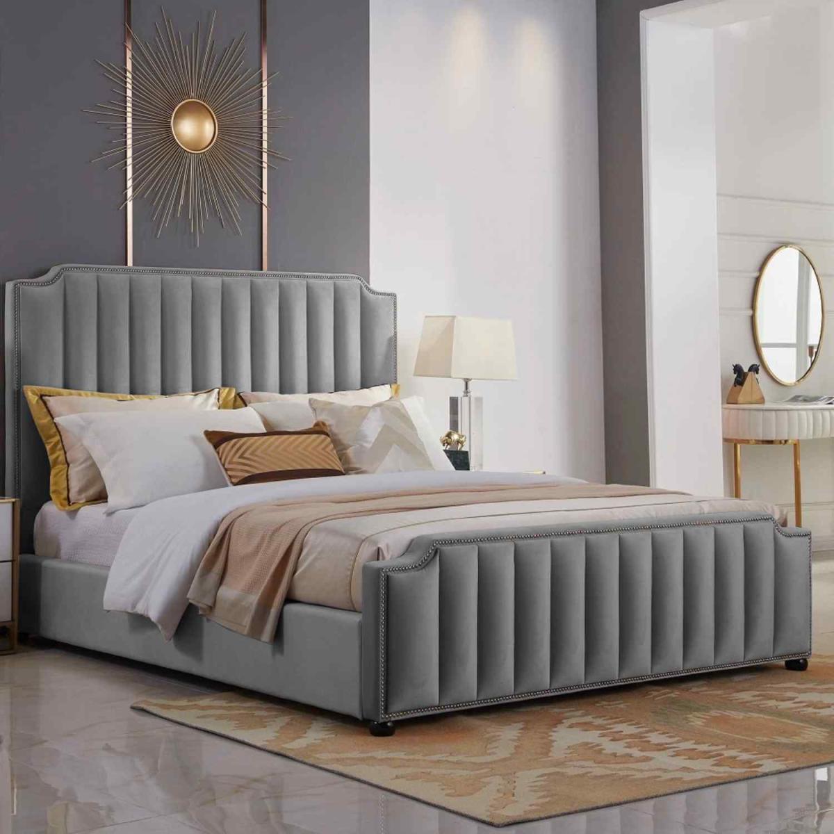 Krissa Upholstered Plush Velvet Bed Frame - Grey / Small Double