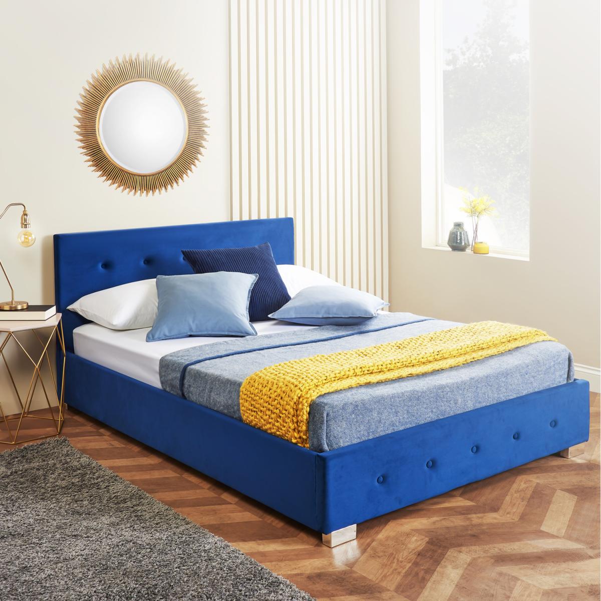 Blue Blushed Velvet Ottoman Storage Bed With Hybrid Mattress - Blue / Small Double