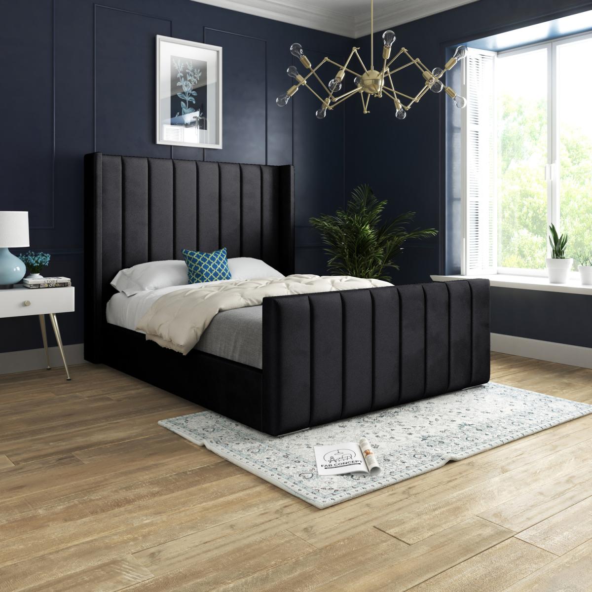 Oxford Panel Lined Upholstered Soft Velvet Bed - Black / Small Double