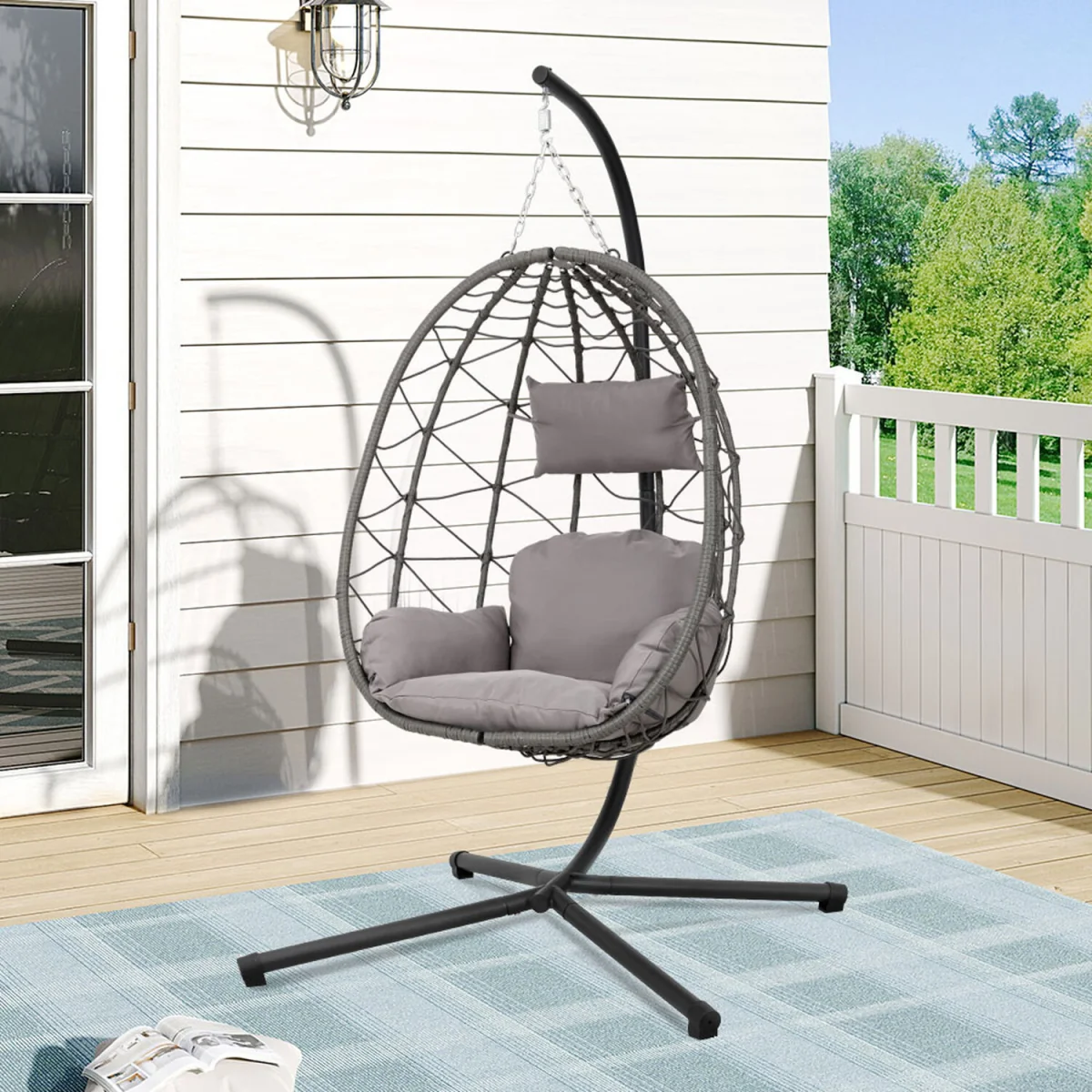 Outdoor Hanging Chair with Stand and Cushion - Black / 22.9kg / 1 x Black Seat Basket Hanging Chair,1 x Dark Grey Cushion with armrests – image 2