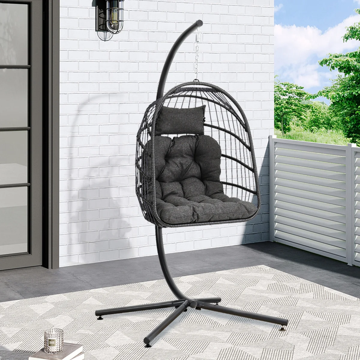 Outdoor Hanging Chair with Stand and Cushion - Black / 22.9kg / 1 x Black Seat Basket Hanging Chair,1 x Dark Grey Cushion with armrests – image 3