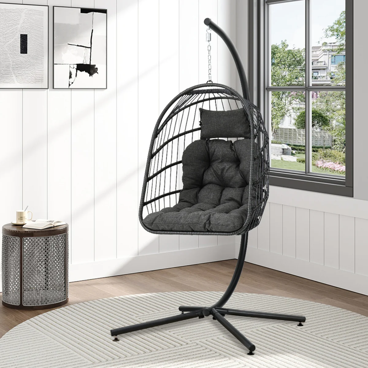 Outdoor Hanging Chair with Stand and Cushion - Black / 22.9kg / 1 x Black Seat Basket Hanging Chair,1 x Dark Grey Cushion with armrests – image 4