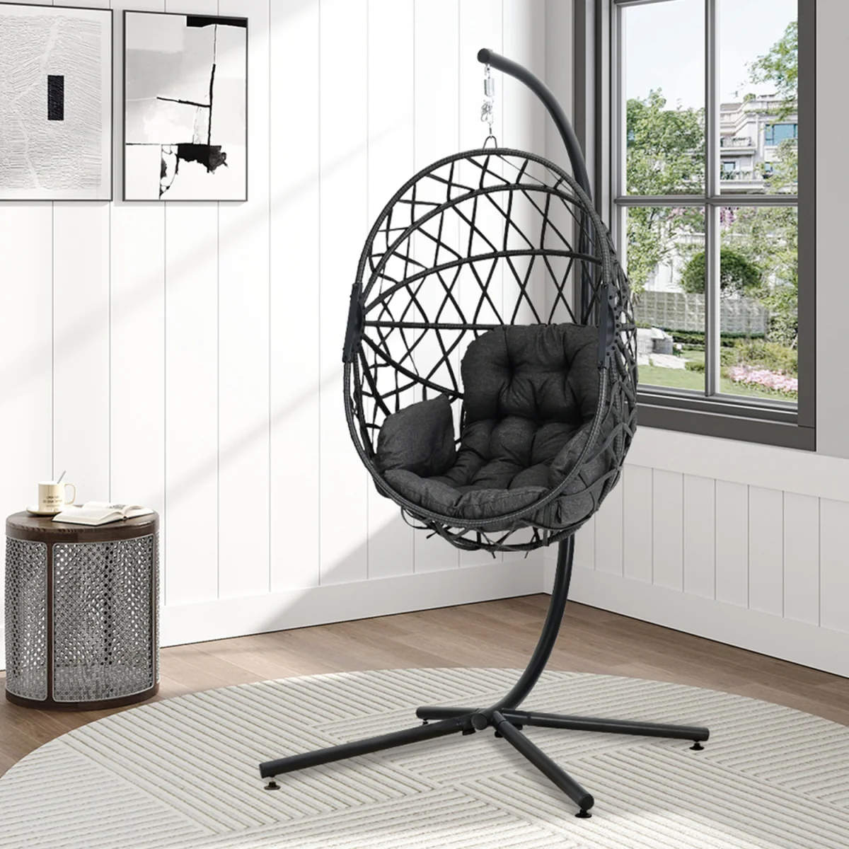 Outdoor Hanging Chair with Stand and Cushion - Black / 22.9kg / 1 x Black Seat Basket Hanging Chair,1 x Dark Grey Cushion with armrests – image 5