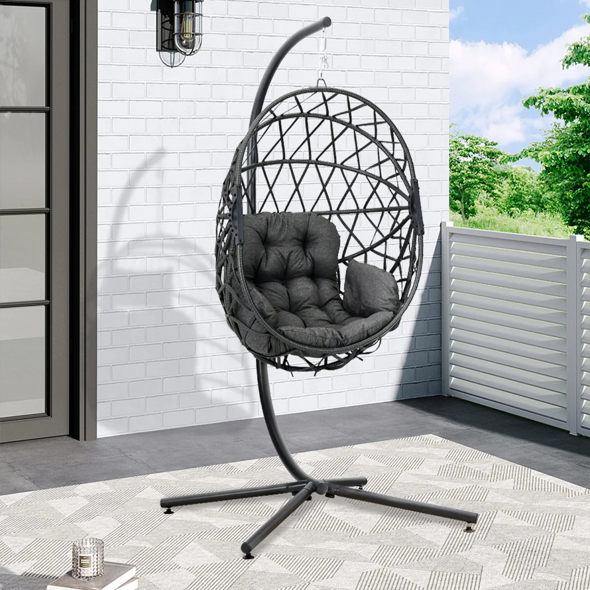 Outdoor Hanging Chair with Stand and Cushion - Black / 22.9kg / 1 x Black Seat Basket Hanging Chair,1 x Dark Grey Cushion with armrests – image 6