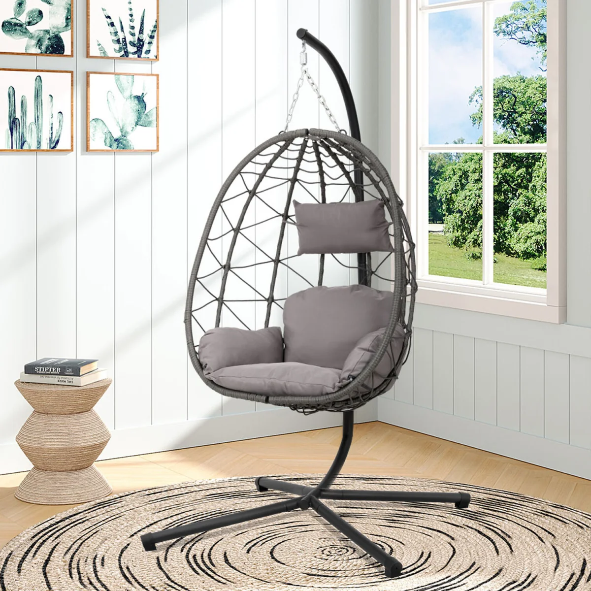 Outdoor Hanging Chair with Stand and Cushion - Black / 22.9kg / 1 x Black Seat Basket Hanging Chair,1 x Dark Grey Cushion with armrests – image 1