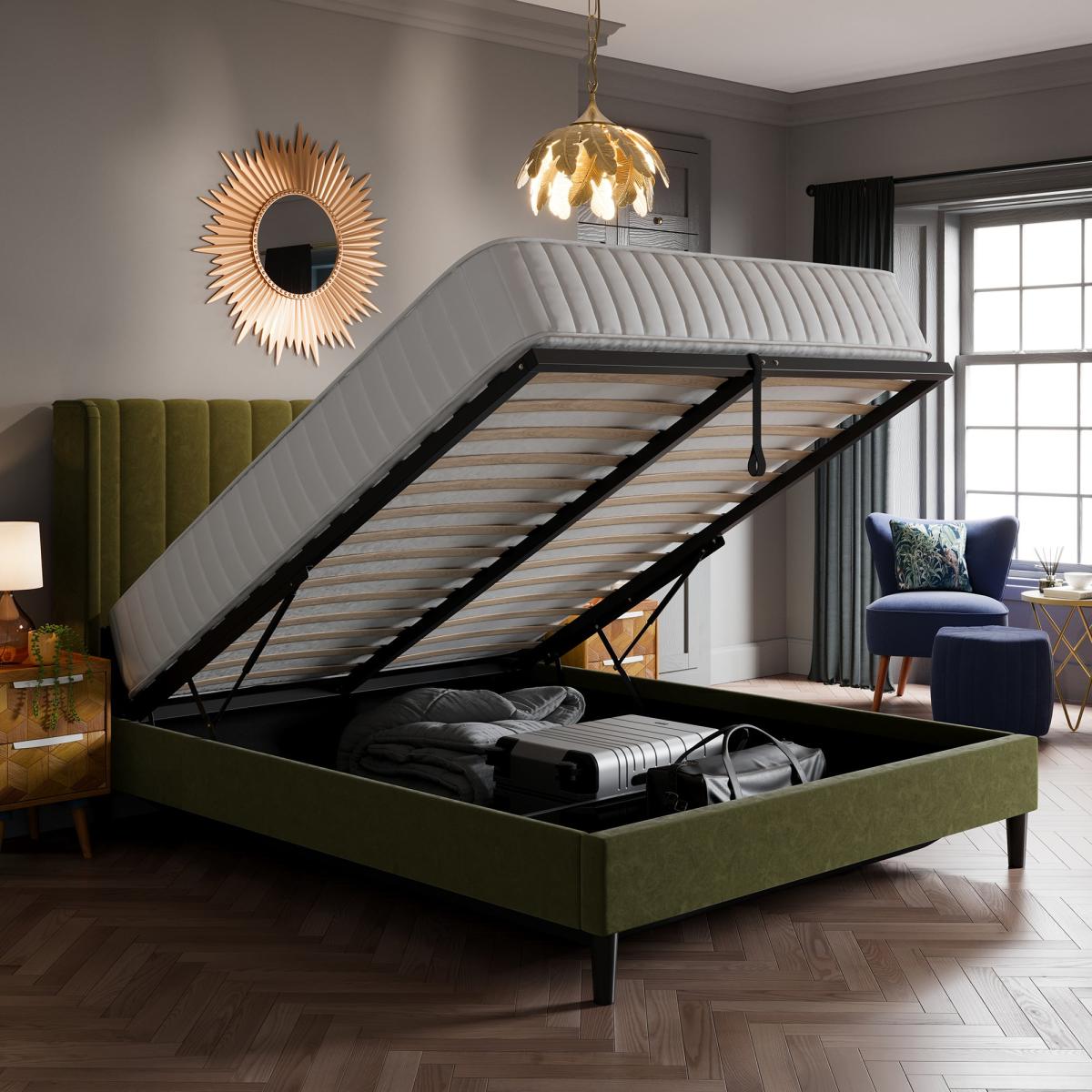 Alara Pleated Velvet Ottoman Bed Olive – image 2