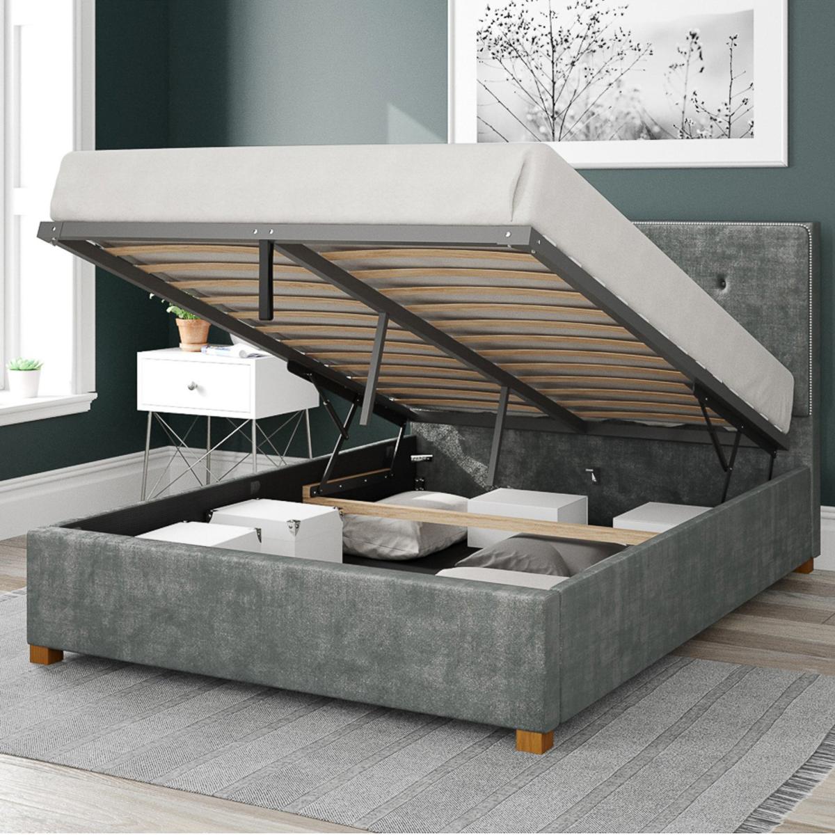 Presley Distressed Velvet Ottoman Bed Frame Platinum – image 2