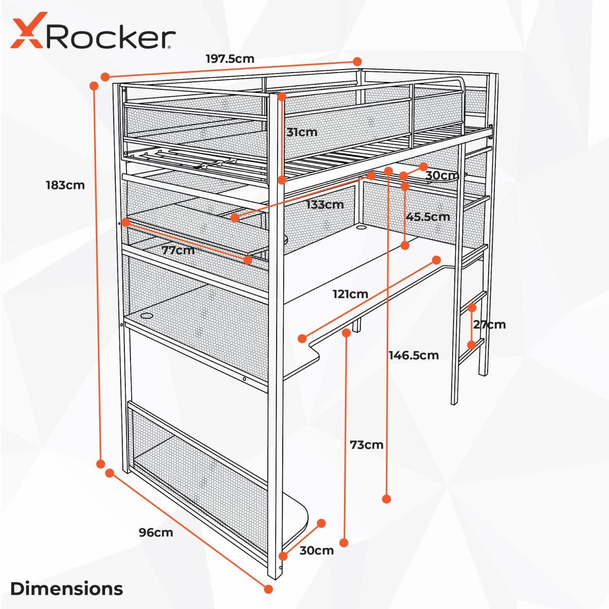 X Rocker Battlebunk Gaming High Sleeper Bunk Bed with Shelf & Desk Black – image 8