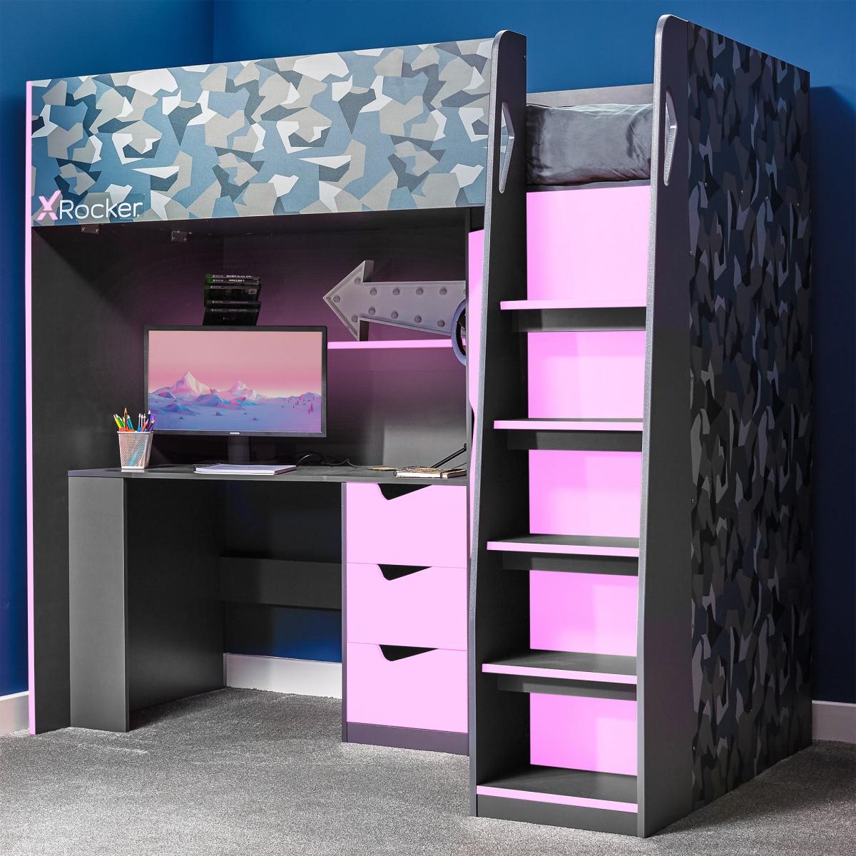 X Rocker Hideout Gaming High Sleeper Bunk Bed and Desk Blue – image 2