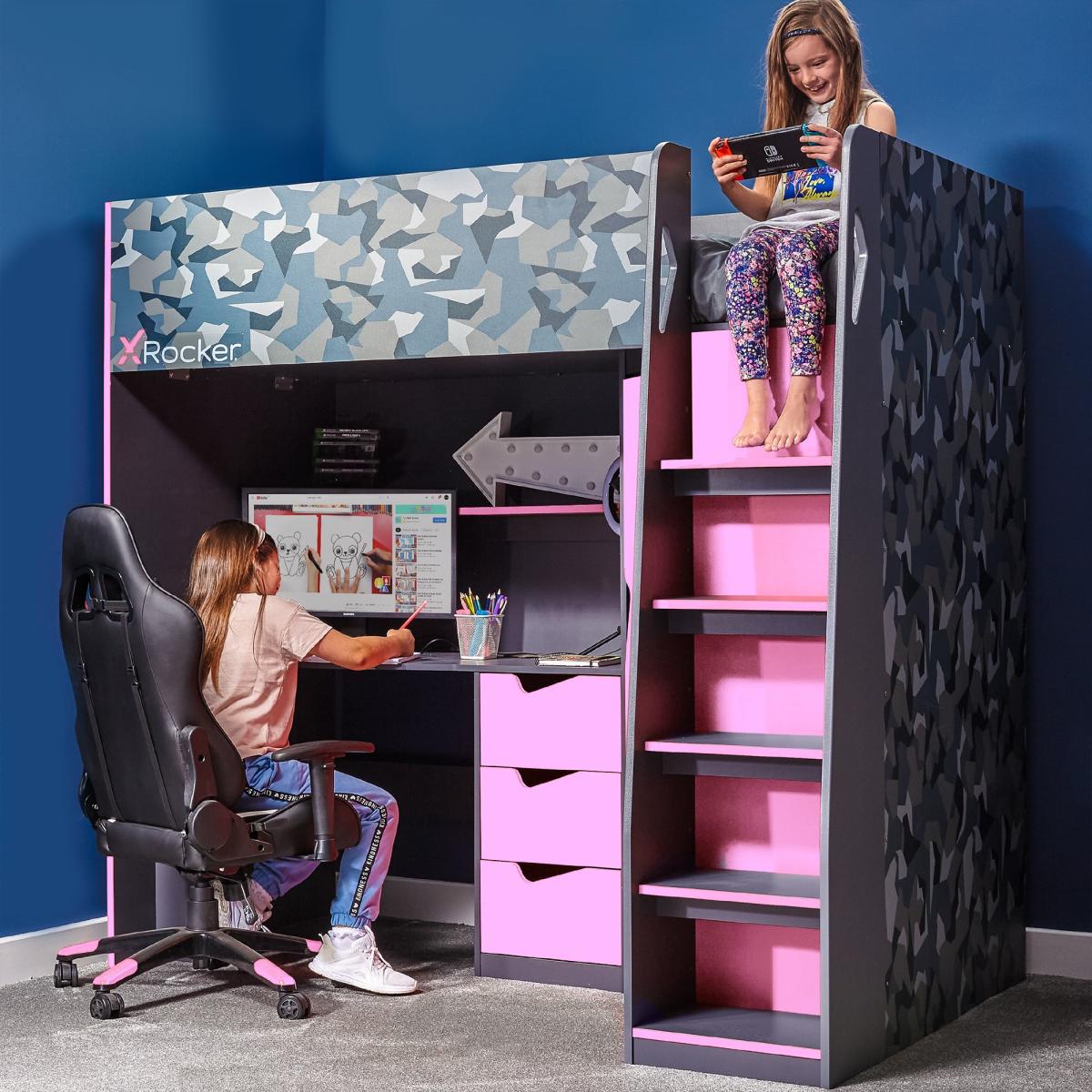 X Rocker Hideout Gaming High Sleeper Bunk Bed and Desk Blue – image 3
