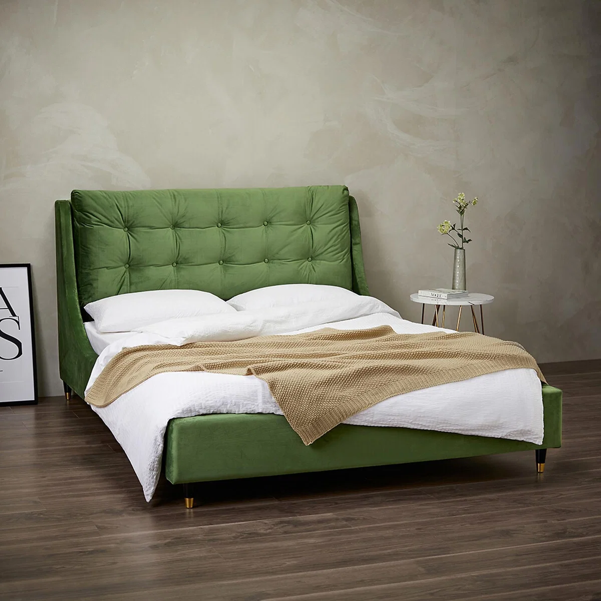 Upholstered Velvet Pillow back Headboard Bed – image 2