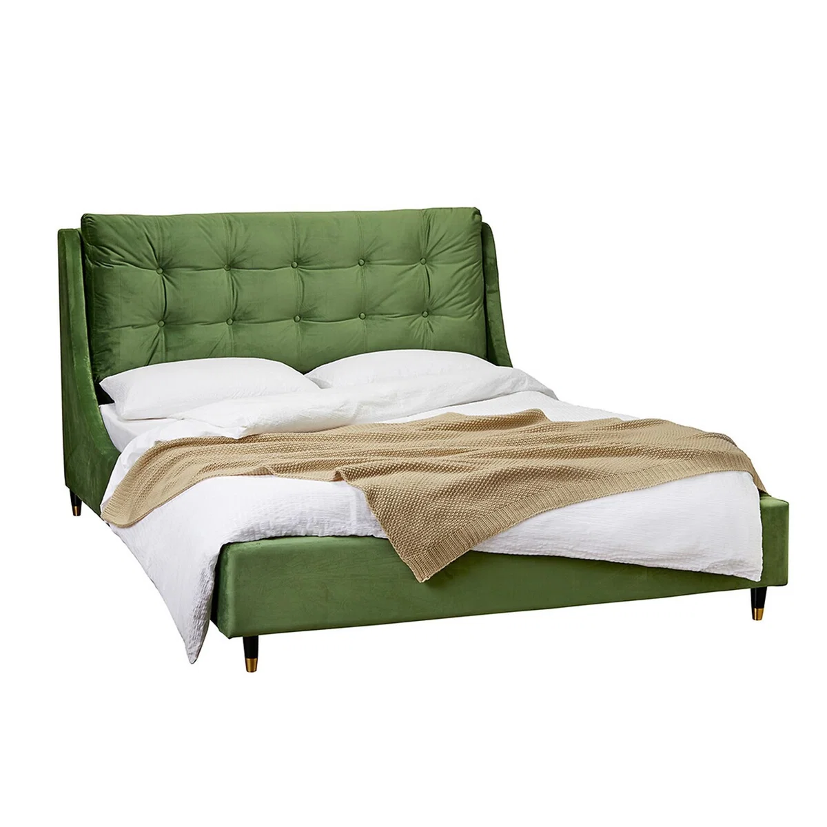 Upholstered Velvet Pillow back Headboard Bed – image 3