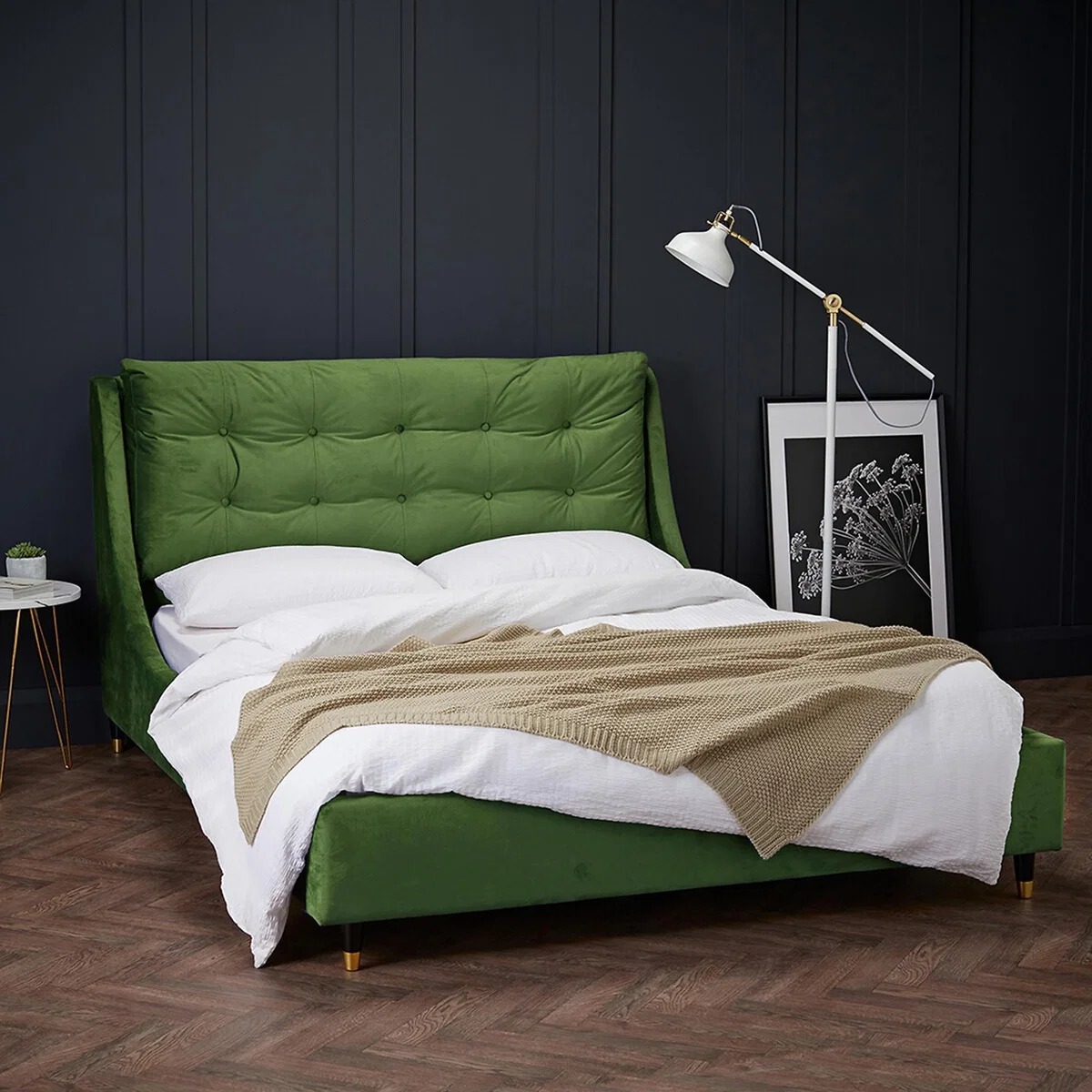 Upholstered Velvet Pillow back Headboard Bed – image 1
