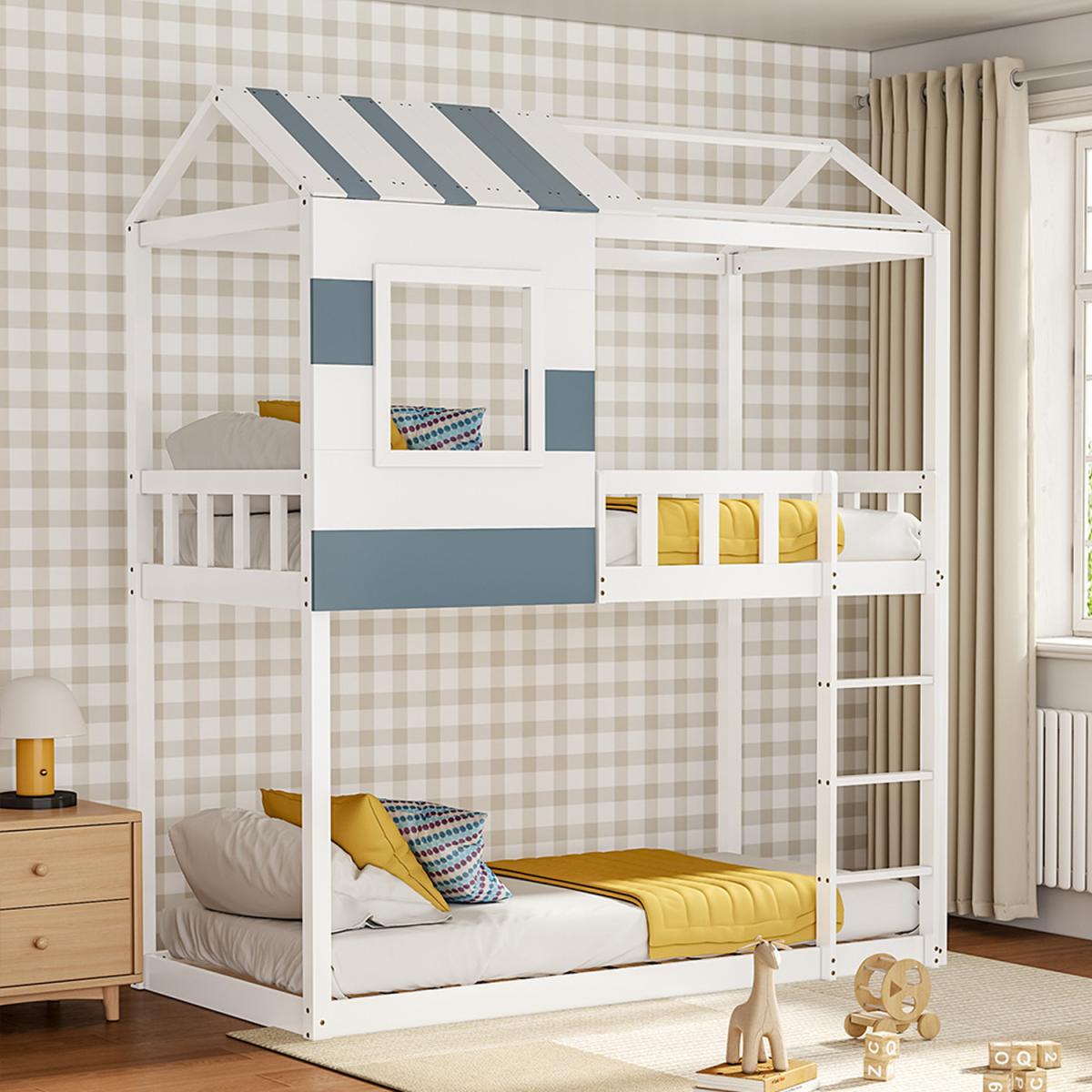 Full Over Wood House Kid Low Wood Bunk Bed Frame With Ladder Bedroom - White – image 2