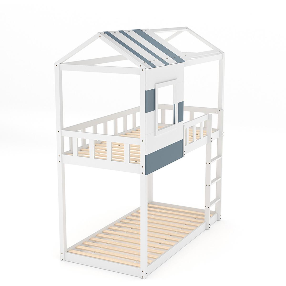 Full Over Wood House Kid Low Wood Bunk Bed Frame With Ladder Bedroom - White – image 3