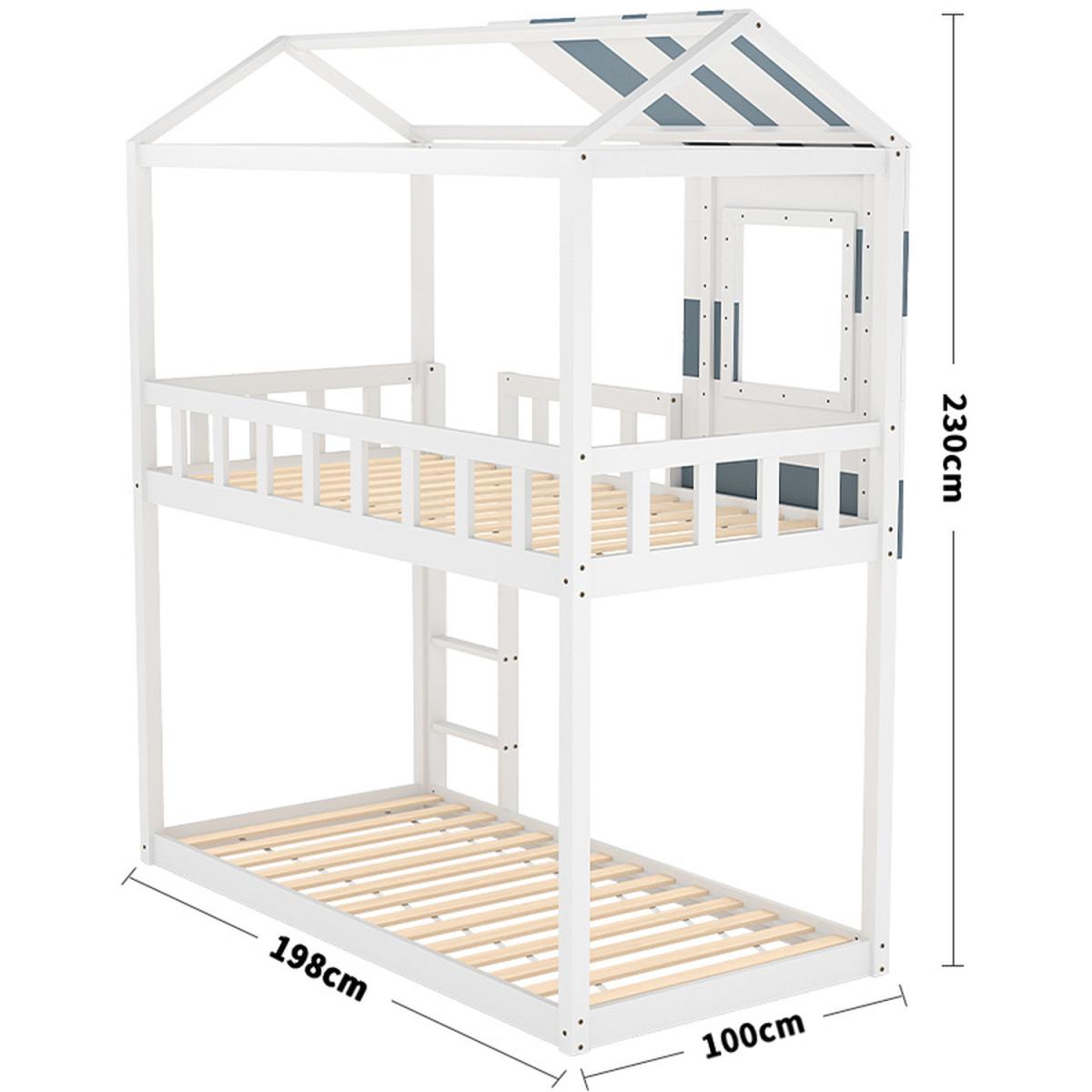 Full Over Wood House Kid Low Wood Bunk Bed Frame With Ladder Bedroom - White – image 4