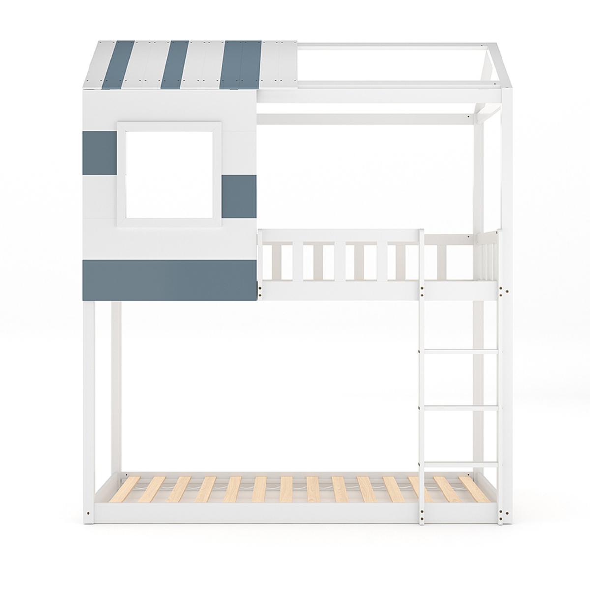 Full Over Wood House Kid Low Wood Bunk Bed Frame With Ladder Bedroom - White – image 6