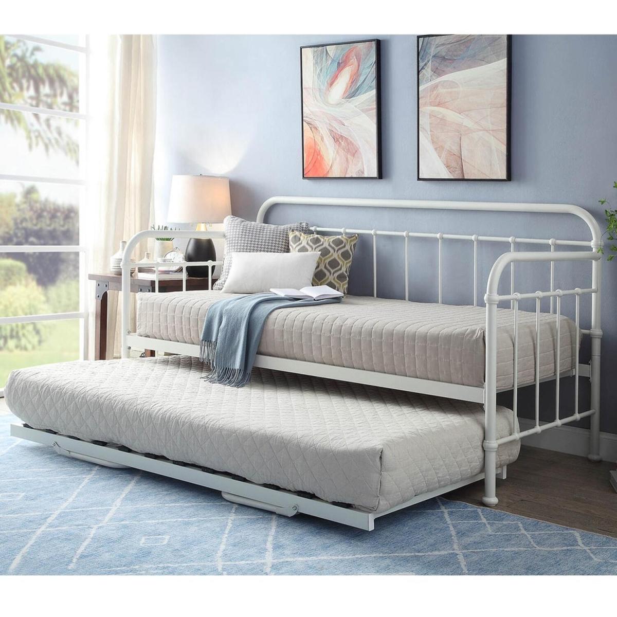 Harlow White Metal Day Bed With Folding Guest Trundle - White