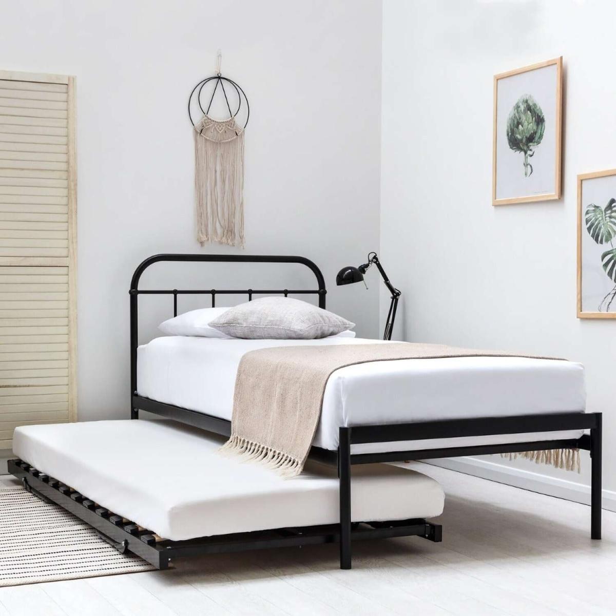 Bourton Black Single Metal Bed Frame With Folding Guest Bed Trundle - Black
