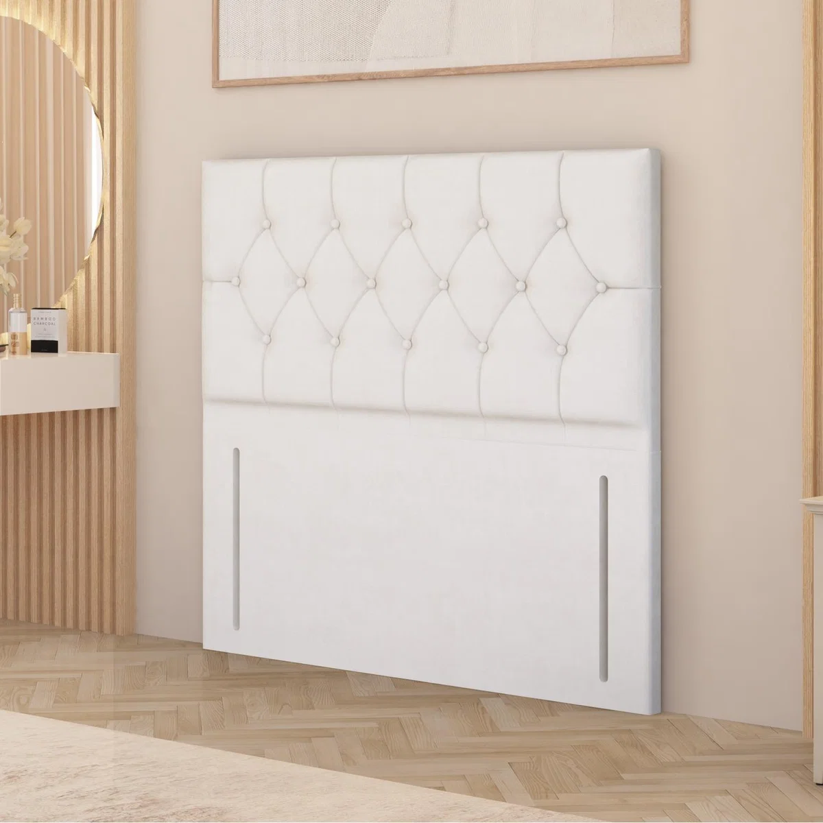 Chesterfield Plush Velvet 54" Floor Standing Upholstered Headboard - White / Small Single