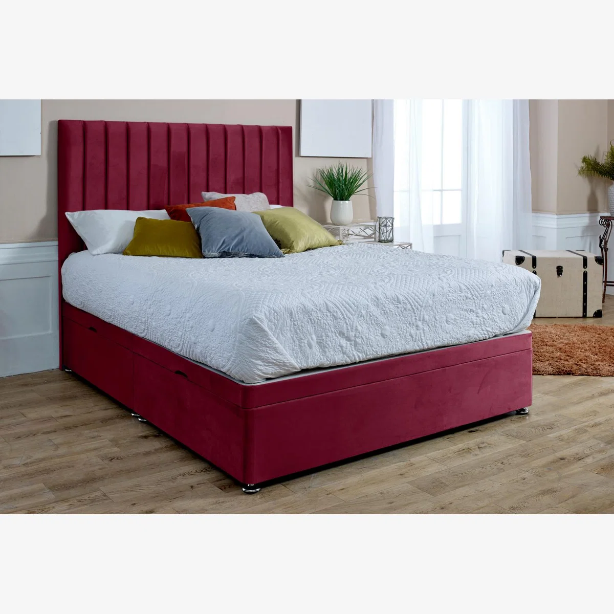 Sophia Divan Ottoman Plush Divan Sidelift Ottoman Bed Frame With Lined Headboard - Maroon / Single