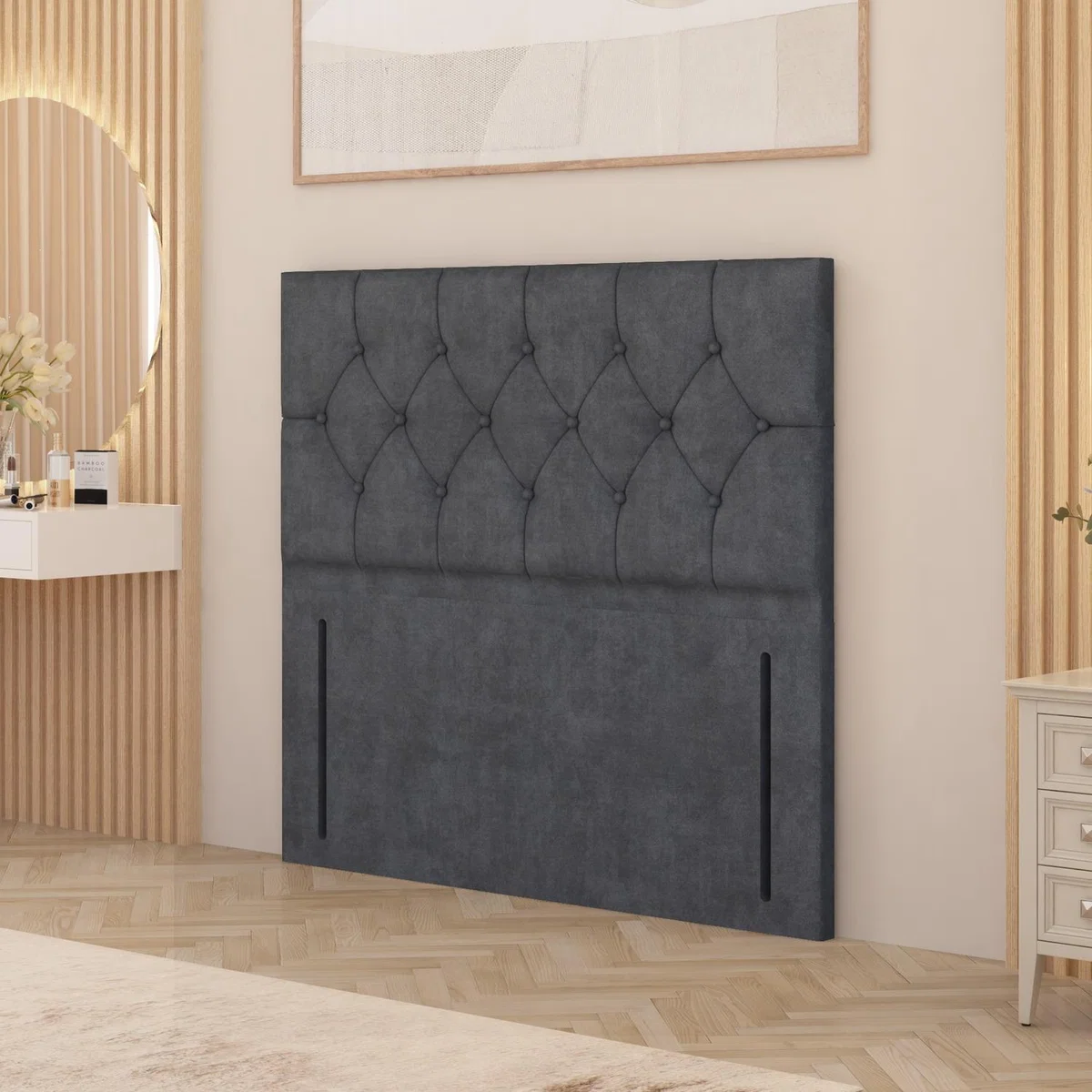 Chesterfield Plush Velvet 54" Floor Standing Upholstered Headboard - Charcoal / Double