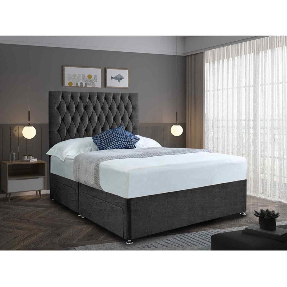 Jemma Divan Bed Set with Headboard and Mattress - Chenille Fabric, Non Storage - Charcoal / Double – image 2