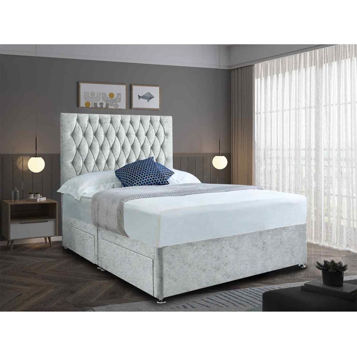 Jemma Divan Bed Set with Headboard Mattress-Crushed Fabric,2 Drawers Left Side - Grey / Silver / Double – image 3