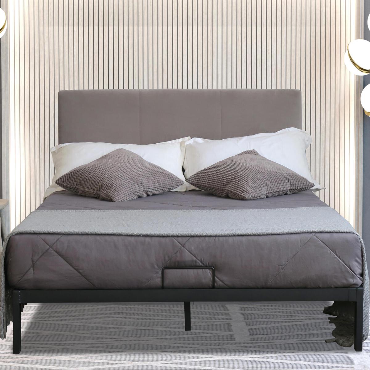 Metal Bedframe with Plush Velvet Headboard - Grey / Double – image 2