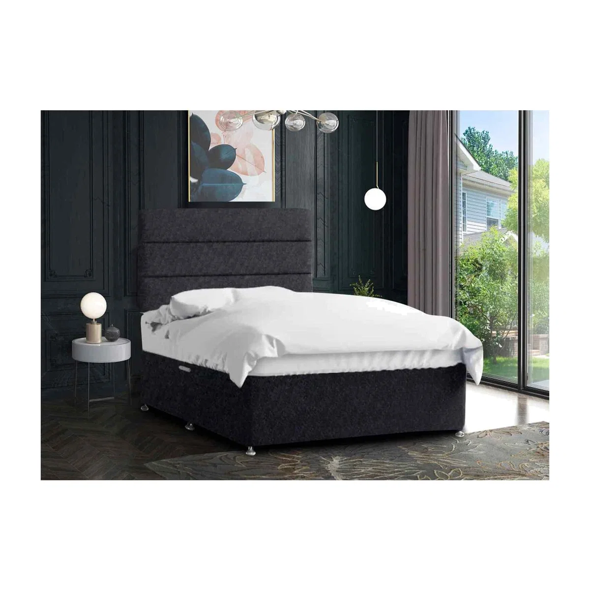 Harmony Divan Bed Set With Tall Headboard Mattress-Crushed, 2 Drawers Right Side - Black / Double – image 1