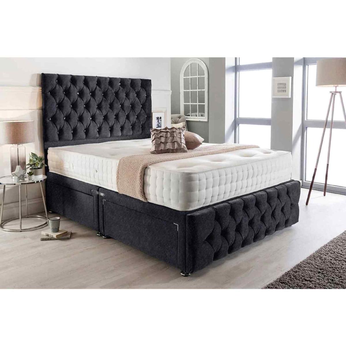 Merina Divan Bed Set with Tall Headboard Mattress-Crushed, 2 Drawers Left Side - Black / Double – image 3