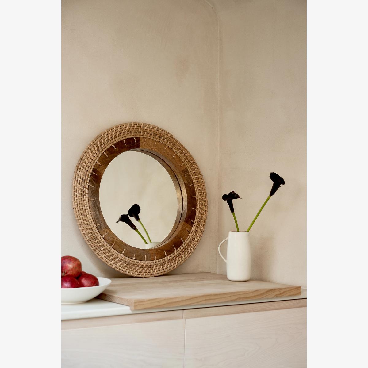 Eliana Wooden Rattan Round Wall Mirror