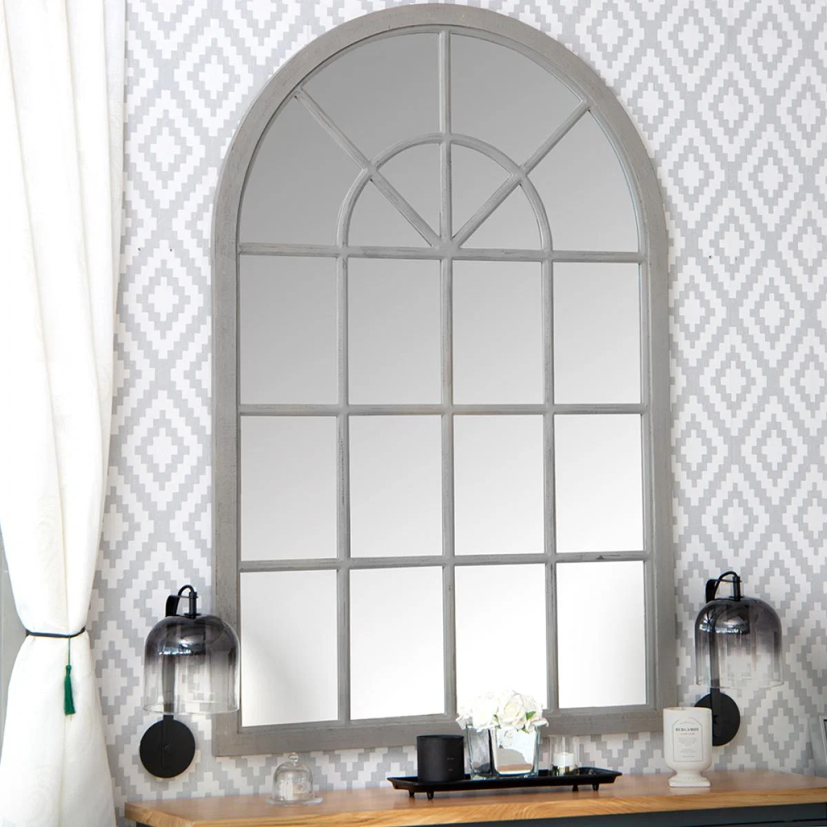 Toulouse Small Grey Arched Window Mirror 90 x 135cm – image 1