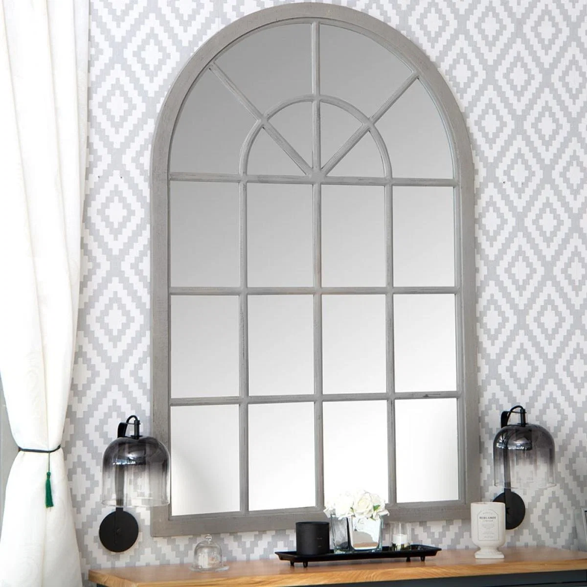 Toulouse Small Grey Arched Window Mirror 90 x 135cm – image 1