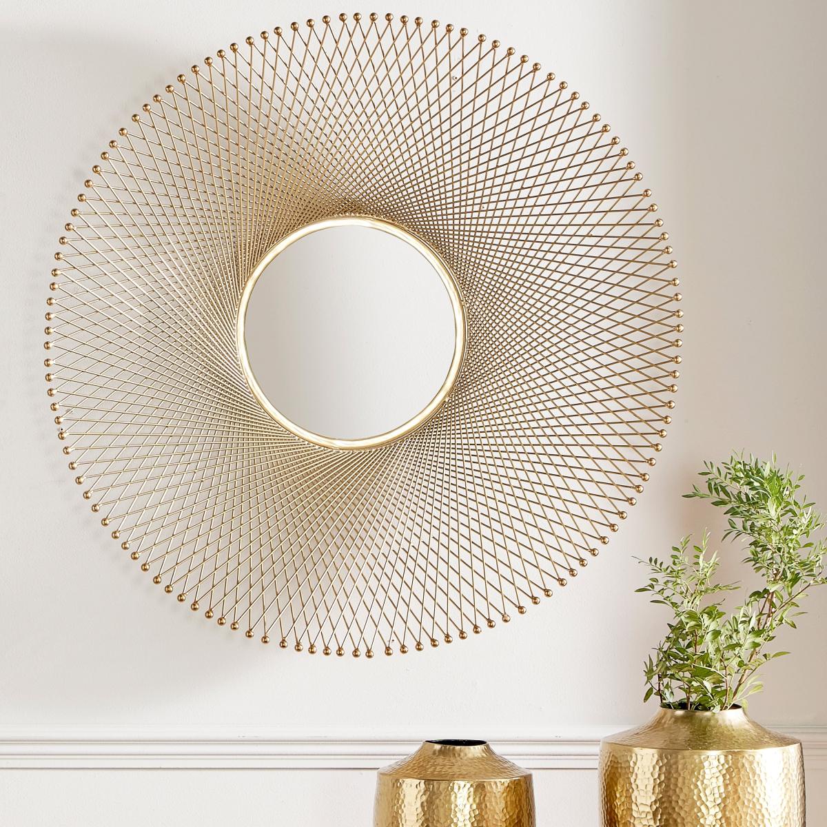 Metal Fretwork Round Wall Mirror, 83cm Gold Effect – image 1