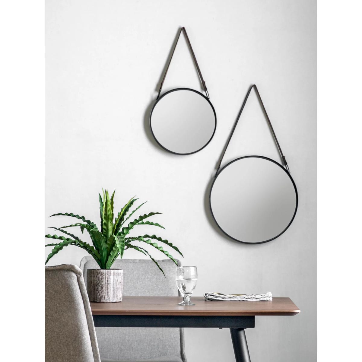 Gallery Direct Stockton Round Metal Frame Wall Mirror with Faux Leather Strap, Set of 2, 40cm, Black – image 2