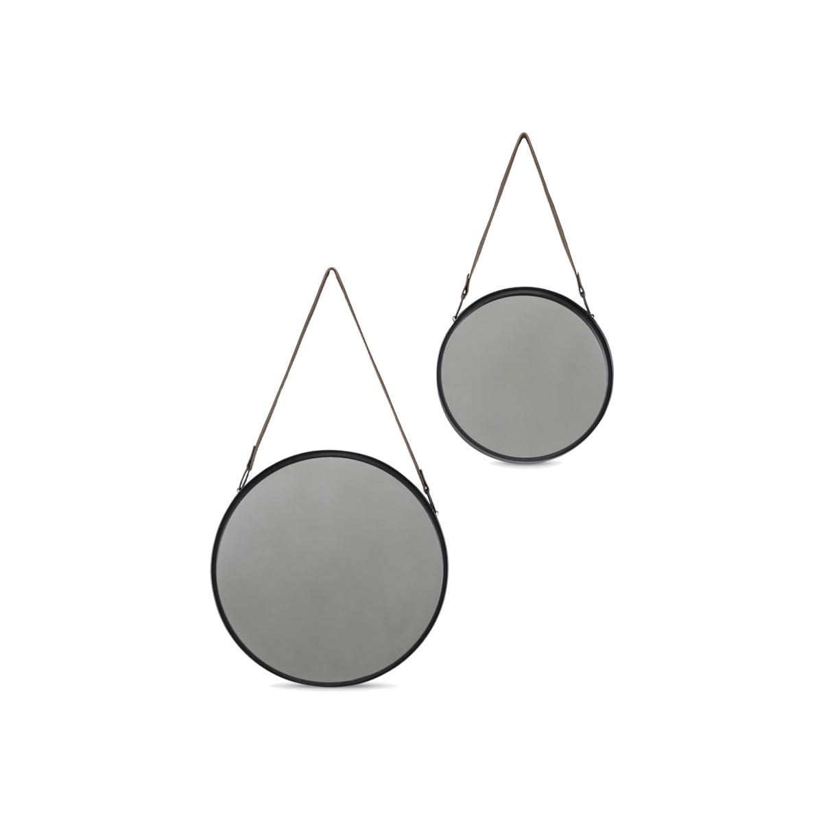 Gallery Direct Stockton Round Metal Frame Wall Mirror with Faux Leather Strap, Set of 2, 40cm, Black – image 1