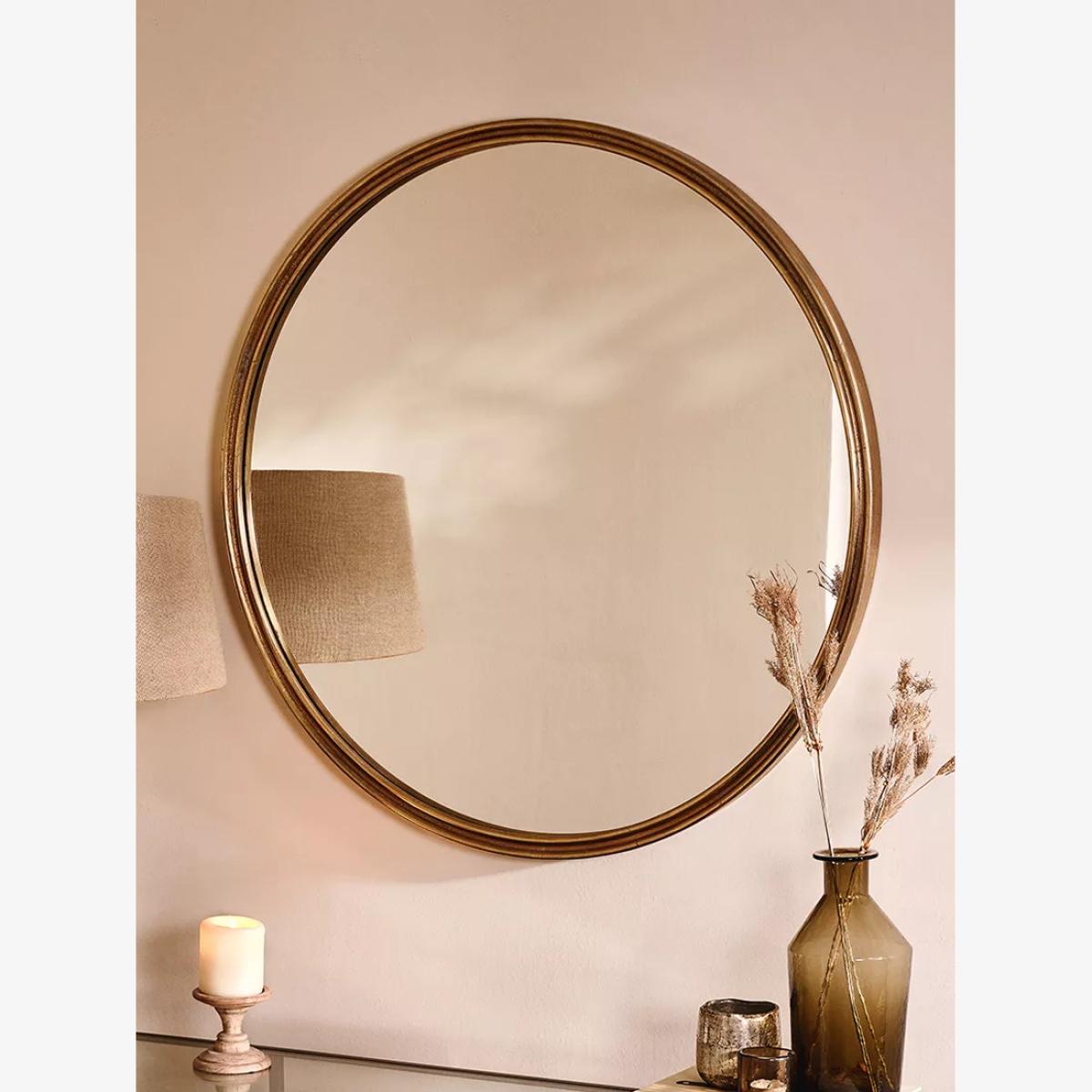 Nkuku Almora Round Metal Wall Mirror, 88cm, Antique Brass – image 1