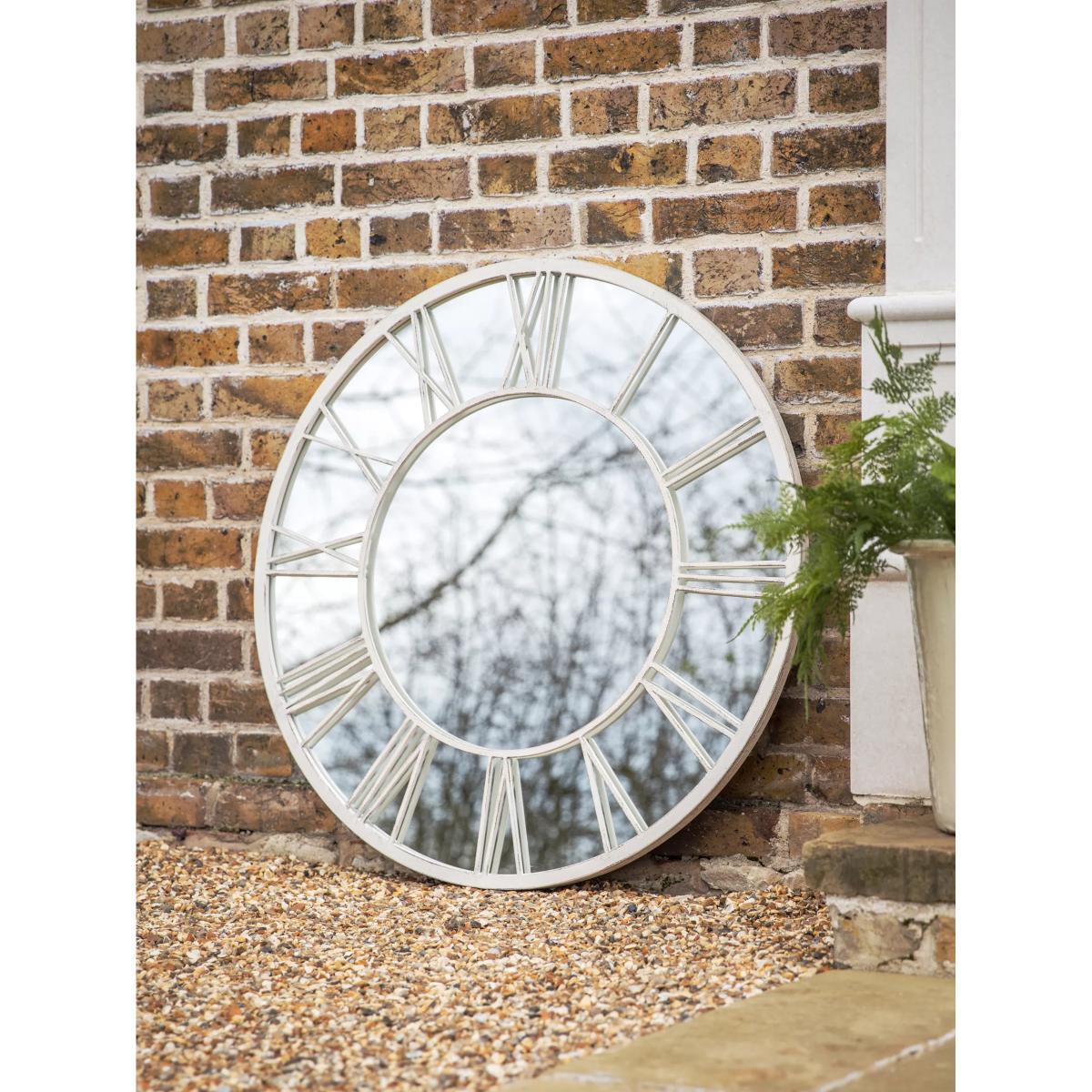 Roman Numeral Clock Style Metal Frame Indoor/Outdoor Wall Mirror, 85cm, White – image 7