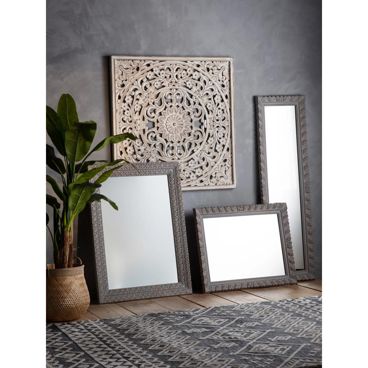 Korba Rectangular Carved Mango Wood Frame Wall Mirror, 120 x 90cm, Grey – image 2